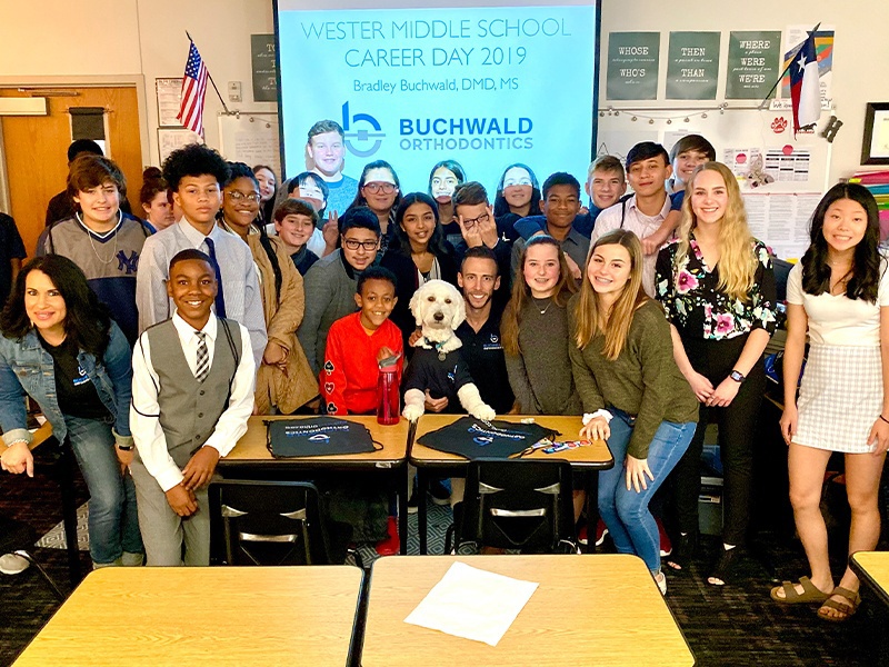 Buchwald Orthodontics team visiting Wester Middle School classroom for Career Day